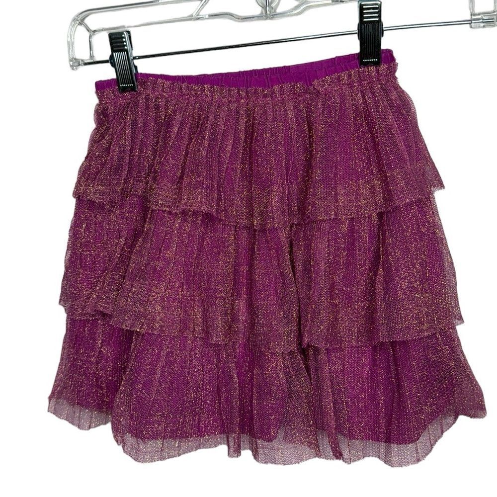 Hanna Anderson Girl’s Fuchsia Gold Tulle Pleated Stretch Skirt. Size 120 (6/7).